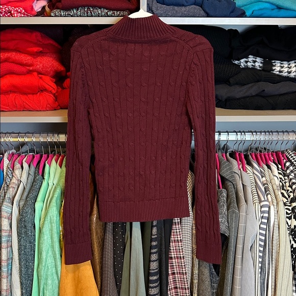 Tommy Hilfiger maroon long sleeve full zip mock neck cable knit sweater size SP - Picture 3 of 4